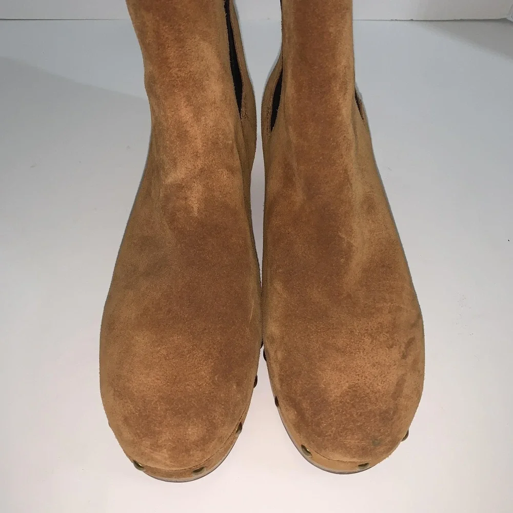 J Crew Ankle Boots Womens Size 9.5 Brown Suede Faux Fur Lined Chelsea Clog BD336